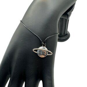 Adjustable Saturn Bracelet With Black Cord & Silver Planet Charm